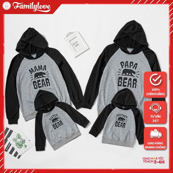 Áo Hoodie Gia đình Familylove - Mẫu Áo Gia đình Hoodie Dài Tay Gia đình Gấu Bear Chất Nỉ Da Cá Cotton 100%