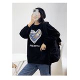 Áo sweater nỉ nữ Familylove – Áo Trái Tim Love chữ FreeStyle Nỉ Da Cá Cotton 100% Cao Cấp 2 màu Xanh Bích và Đen