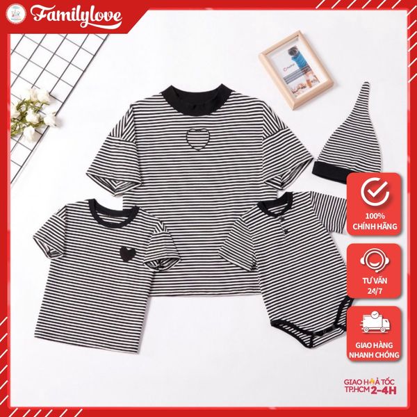 Set áo gia đình Sọc Trắng Đen logo Trái Tim - Thời trang Familylove