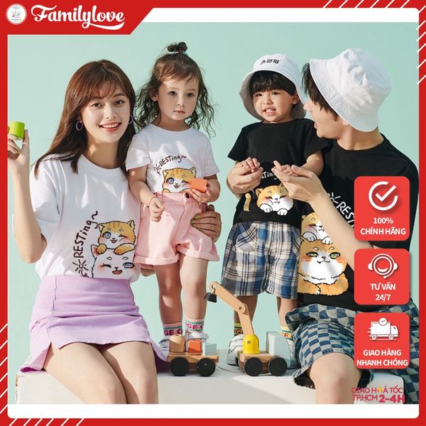 Áo Gia Đình Familylove - Mẫu Áo Đồng Phục Gia Đình Họa Tiết Gia Đình Mèo Đáng Yêu Resting Chất Liệu Cotton 100% Co Giãn