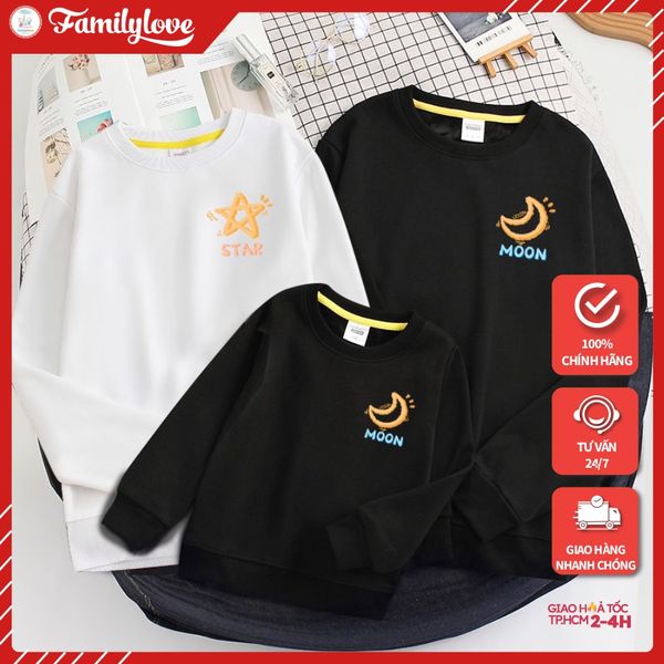 Áo Sweater Gia Đình Familylove - Mẫu Áo Gia Đình In Hình Moon Lucky & Star Happy Xinh Xắn Chất Nỉ Da Cá Cotton 100%