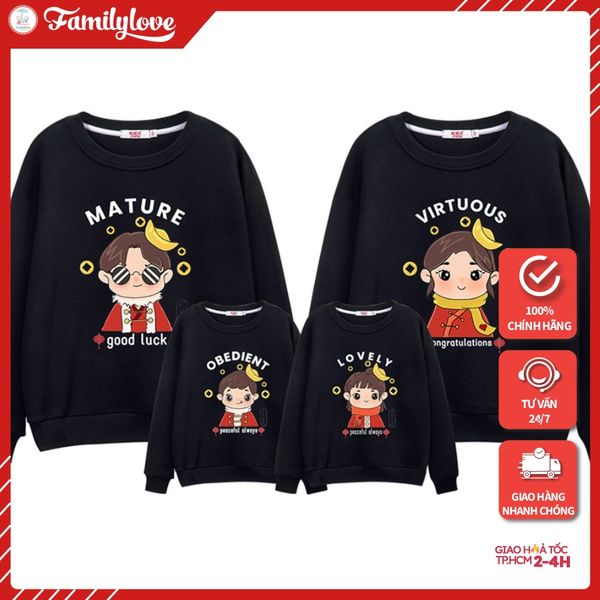 Áo Sweater Gia Đình Familylove - Mẫu Áo Sweater Gia Đình Chibi Mature,virtuous,bdient,lovely Chất Nỉ Da Cá Cotton 100%