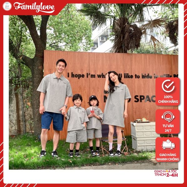 Áo gia đình cổ trụ Familylove -  áo đầm polo có cổ phối dây kéo Logo Our đơn giản chất nỉ da cá cotton loại 1