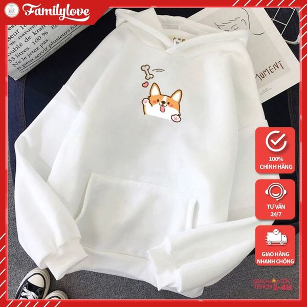 Áo hoodie nỉ nữ form rộng Familylove – Set hình chú chó Corgi dễ thương