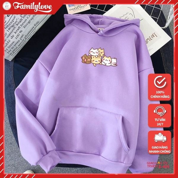 Áo Hoodie Nữ Familylove - Áo khoác Hoodie nữ form rộng họa tiết 6 chú mèo dễ thương chất liệu cotton 100% nỉ da cá