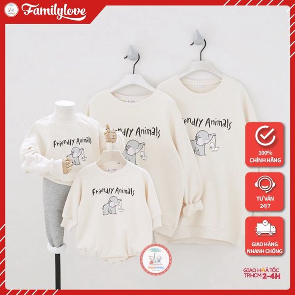 Áo Sweater Gia đình Familylove - Mẫu Áo Sweater Family Họa Tiết Chú Voi Friendly Animal  Chất Nỉ Da Cá Cotton 100%