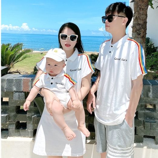 Áo Gia Đình Cổ Trụ Familylove - Đồng Phục Gia Đình Polo Có Cổ Good Luck phối sọc tay đẹp - Chất Liệu Nỉ Da Cá Cao Cấp