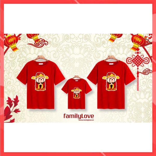 Áo thun gia đình Familylove – Set áo gia đình Thần tài mặc Tết chất Cotton màu Đỏ