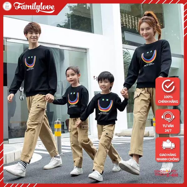 Áo Sweater Gia Đình Familylove - Mẫu Áo Sweater Gia Đình Họa Tiết Mặt Cười Polizie Chất Nỉ Da Cá Cotton 100%