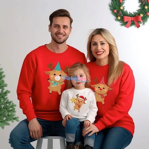 Áo sweater gia đình Familylove - Áo Sweater Noel họa tiết gia đình tuần lộc đáng yêu chất liệu nỉ da cá cao cấp