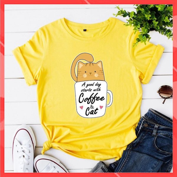 Áo thun phông nam nữ form rộng Familylove - Mẫu áo Unisex Chú mèo A Good Day with Coffee Cat chất Cotton 100% cao cấp