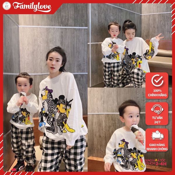 Set Đôi Mùa Đông Mẹ bé Familylove - Mẫu Đồ Cho Gia đình Sweater Dài Tay Nhân Vật hoạt hình Chất Nỉ Da Cá Cotton 100%