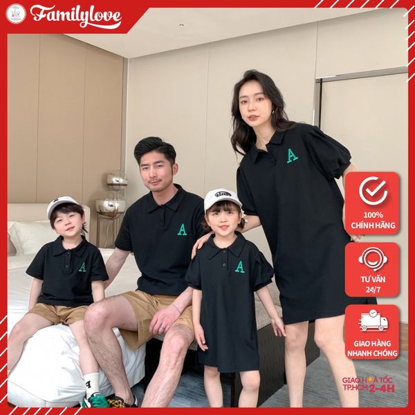 Áo gia đình Familylove - Mẫu Áo Polo Đầm Váy Gia Đình In Góc Logo Chữ A Xinh Xắn Chất Liệu cotton 100% co giãn
