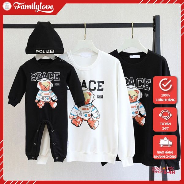 Áo Sweater Gia Đình Familylove - Mẫu Áo Gia Đình Họa Tiết Gấu Phi Hành Gia Space Đáng Yêu Chất Nỉ Da Cá Cotton 100%