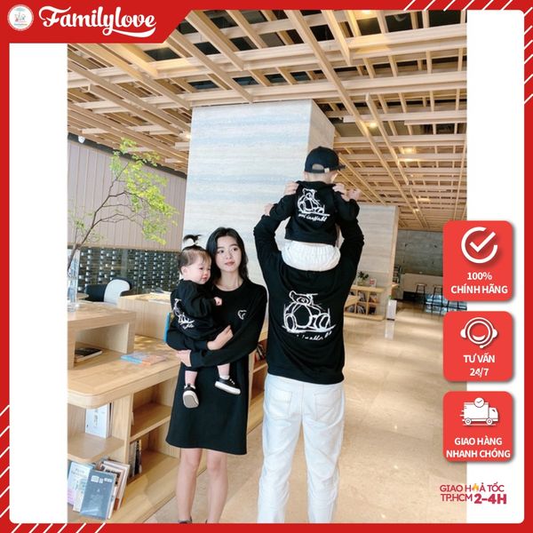 Áo Sweater Gia đình Familylove - Mẫu Áo Đầm Sweater Family Graphic Gấu Sevi Ineffable Chất Nỉ Da Cá Cotton 100%- Black