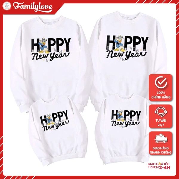 Áo Sweater Gia Đình Familylove - Set Áo Sweater Gia Đình  Happy New Year Tết 2022 Chú Vịt Donnald