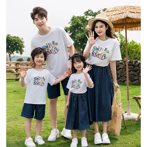 Áo gia đình Familylove - Set áo gia đình họa tiết chữ SMILE SMILE dễ thương chất liệu cotton 100% co giãn