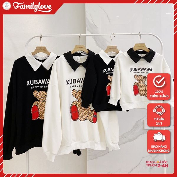 Áo Sweater Gia đình Familylove - Mẫu Áo Gia đình Sweater Dài Tay Gấu Xubawawa Phối Cổ Chất Nỉ Da Cá Cotton 100%