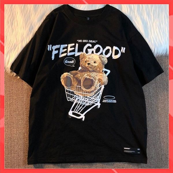 Áo thun phông nam form rộng Familylove - Mẫu áo thun nam tay lỡ chú Gấu Teddy Feel Good chất Cotton 100% cao cấp