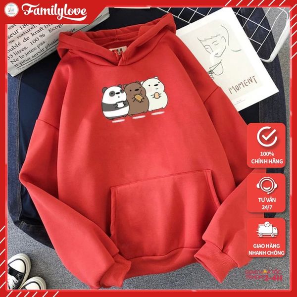 Áo Hoodie Nữ form rộng Cotton Nỉ da cá (Kèm hình thật chất áo có Logo Thương hiệu) 3 chú Gấu BEAR đang ăn
