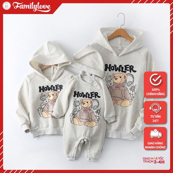 Áo Hoodie Gia đình Familylove - Áo Gia Đình Thu Đông Chú Gấu HOWLER Đáng Yêu Chất Nỉ Da Cá Cotton 100%