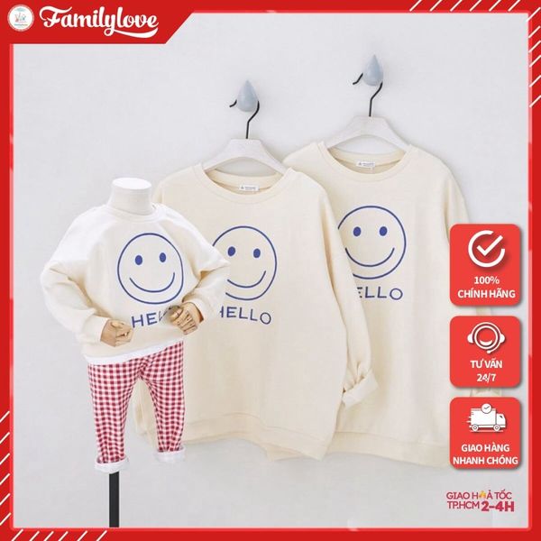 Áo Sweater Gia Đình Familylove - Mẫu Áo Gia Đình Sweater Dài Tay Mặc Cười Hello Chất Nỉ Da Cá Cotton 100%