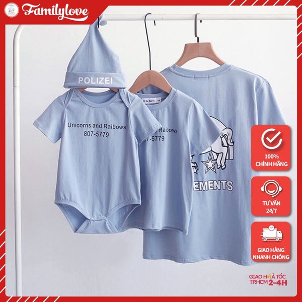 Áo gia đình Familylove - Mẫu Áo gia đình Ngựa Unicorn màu Xanh biển Cotton 100%