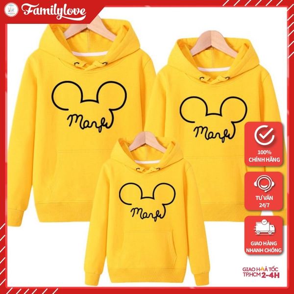 Áo Hoodie Gia đình + Nón/Túi như hình Cotton Nỉ da cá (kèm Logo thương hiệu) Họa tiết Tai mickey