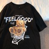 Áo thun phông nam form rộng Familylove - Mẫu áo thun nam tay lỡ chú Gấu Teddy Feel Good chất Cotton 100% cao cấp