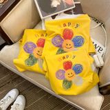 Áo gia đình Familylove - đồ gia đình họa tiết bông hoa sắc Happy màu chất liệu cotton 100%