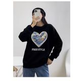 Áo sweater nỉ nữ Familylove – Áo Trái Tim Love chữ FreeStyle Nỉ Da Cá Cotton 100% Cao Cấp 2 màu Xanh Bích và Đen
