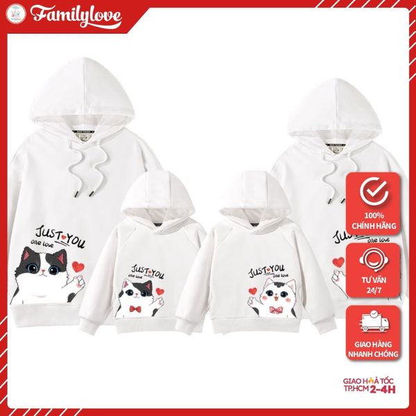 Áo Hoodie Gia Đình Familylove - Mẫu Áo Gia Đình In Họa Tiết Mèo Đáng Yêu Just You One Love Chất Nỉ Da Cá Cotton 100%