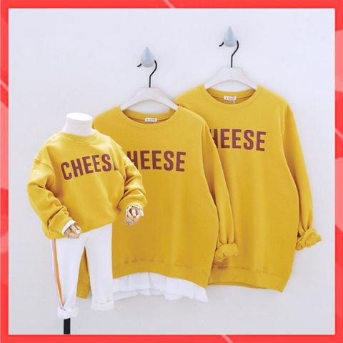 Áo gia đình thu đông dài tay hoodie nỉ cao cấp Familylove – Set gia đình tay dài chữ Cheese đơn giản