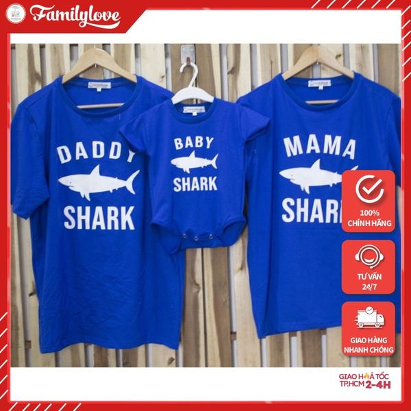 Áo thun cotton gia đình Familylove – Set áo gia đình baby shark chất Cotton màu Xanh Bích