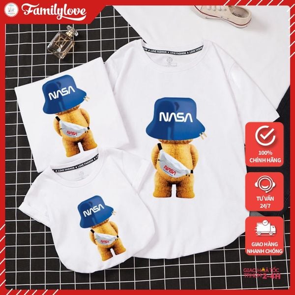 Áo gia đình Familylove - Đồng phục gia đình Gấu Nasa đội Mũ Xanh cực dễ thương chất liệu cotton 100% co giãn