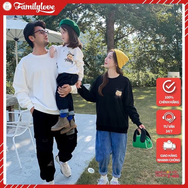 Áo Sweater Gia Đình Familylove - Mẫu Áo Gia Đình Sweater Dài Tay Chú Gấu Just Relax Chất Nỉ Da Cá Cotton 100%