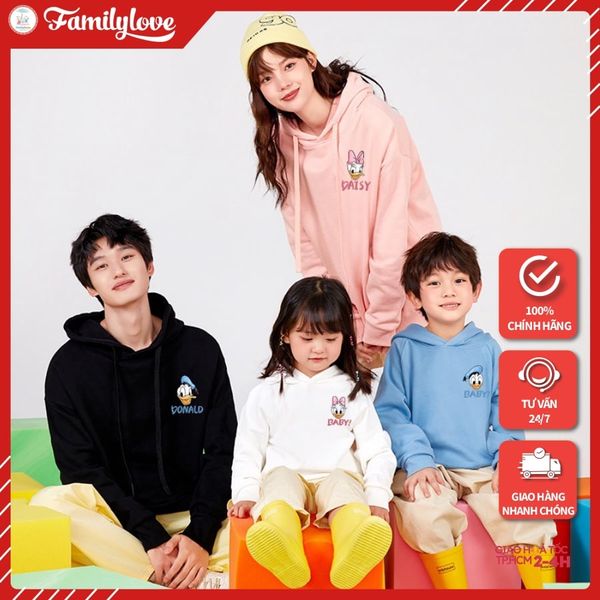 Áo Hoodie Gia Đình Familylove - Áo Gia Đình Hoodie Gia Đình Vịt Donald, Daisy, Little Baby Chất Nỉ Da Cá Cotton 100%