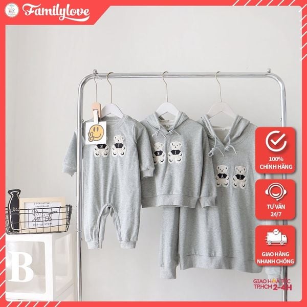 Áo Hoodie Gia đình Familylove - Mẫu Áo Hoodie Family In Hình Chú Gấu Nhỏ Xinh Xắn NI Chất Nỉ Da Cá Cotton 100%