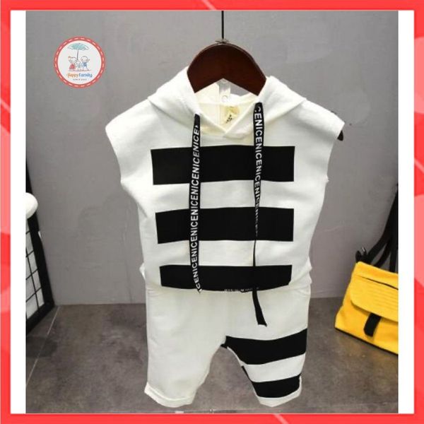 Bộ quần áo bé trai Familylove - Set quần áo có mũ không tay kẻ sọc trẻ em năng động chất cotton 100%  mềm mịn