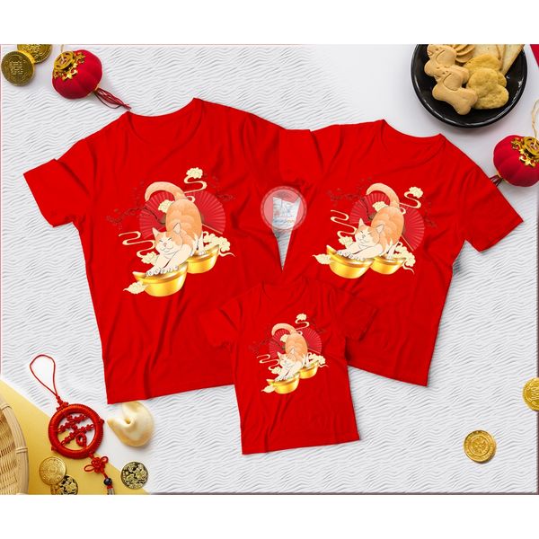 Áo Gia Đình Familylove - Đồ Gia Đình Tết In Hình Chú Mèo Thỏi Vàng Xinh Xắn Chất Liệu Cotton 100% Co Giãn Cao Cấp