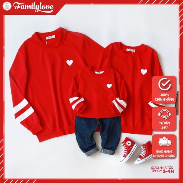 Áo Sweater Gia Đình Familylove - Áo Sweater Đỏ Sọc Tay Logo Trái tim Đẹp Chất Liệu Nỉ Da Cá Cao Cấp