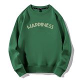 Áo Sweater Xanh Rêu Familylove -  Form Rộng In Chữ HAPPINESS Chất Nỉ Da Cá 100 Cao Cấp