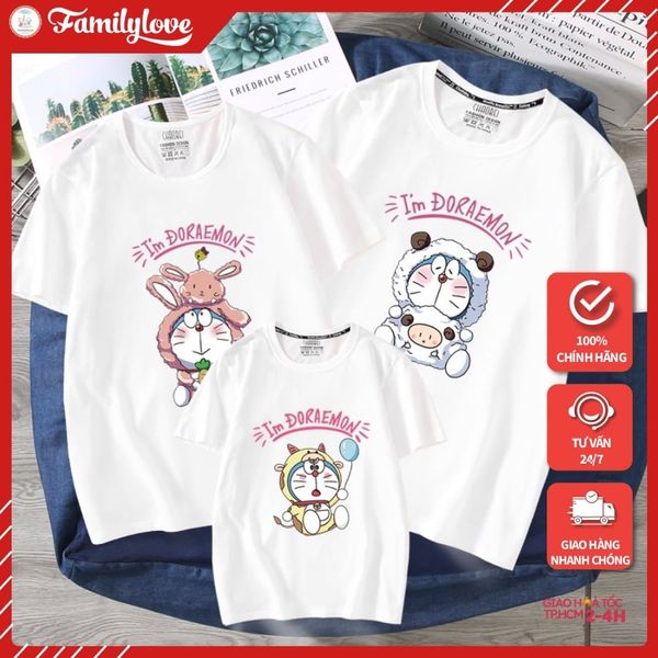 Áo Gia Đình Familylove - Mẫu Đồng Phục Gia Đình Họa Tiết Mèo Máy Doraemon Đáng Yêu Chất Liệu Cotton 100% Co Giãn