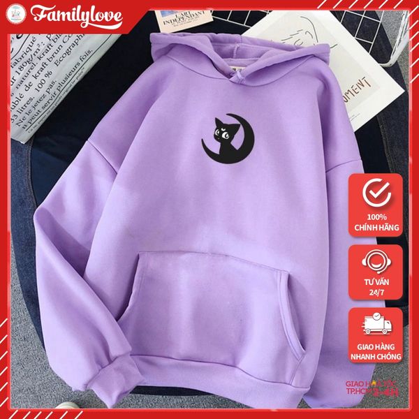 Áo Hoodie Nữ form rộng Cotton Nỉ da cá (Kèm hình thật chất áo có Logo Thương hiệu) Chú mèo và Mặt trăng