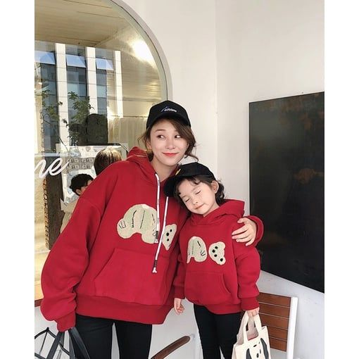Áo Gia Đình Thu Đông Familylove - Áo Hoodie Gia Đình Mẹ Bé Họa Tiết Chú Gấu Dễ Thương Chất Nỉ Da Cá Cotton 100%