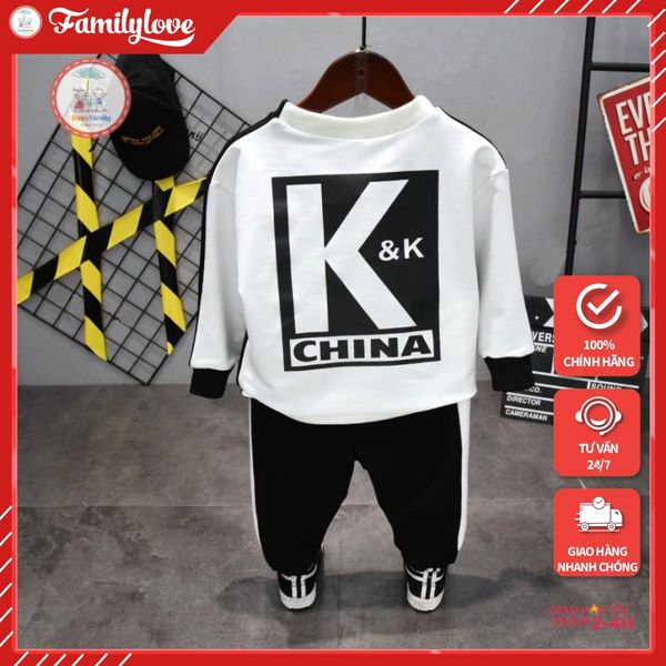 Bộ quần áo cho bé trai - Logo K Size từ 9-40kg. Chuẩn shop - Tem hiệu Thun cotton 100% co giãn 4 chiều, mát, mịn