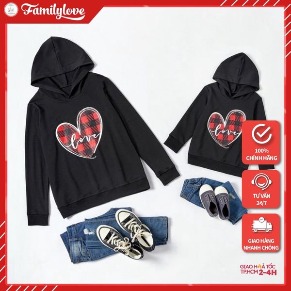 Áo Hoodie Có Mũ Gia Đình Familylove - Áo Hoodie Có Mũ Trái Tim Love Nền Caro Dễ Thương Chất Liệu Nỉ Da Cá Cao Cấp