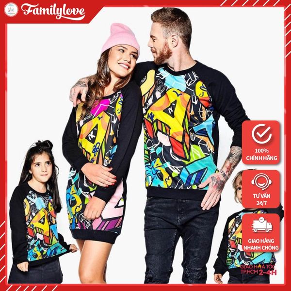 Áo Sweater Gia đình Familylove - Mẫu Áo Gia đình Sweater Dài Tay Sắc màu phối tay đen Chất Nỉ Da Cá Cotton 100%