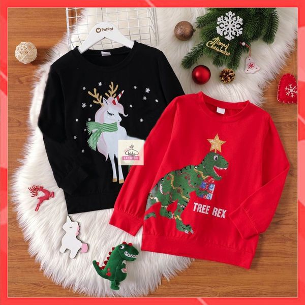 Áo Nỉ ấm mùa đông cho bé - Áo Thu đông dài tay cho bé Cotton Da cá cao cấp mẫu Noel Giáng Sinh Khủng Long và Unicorn đẹp