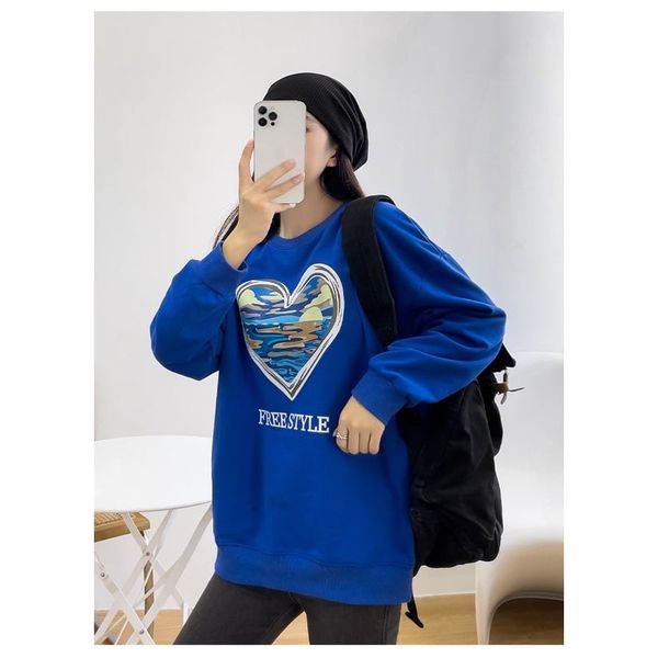 Áo sweater nỉ nữ Familylove – Áo Trái Tim Love chữ FreeStyle Nỉ Da Cá Cotton 100% Cao Cấp 2 màu Xanh Bích và Đen